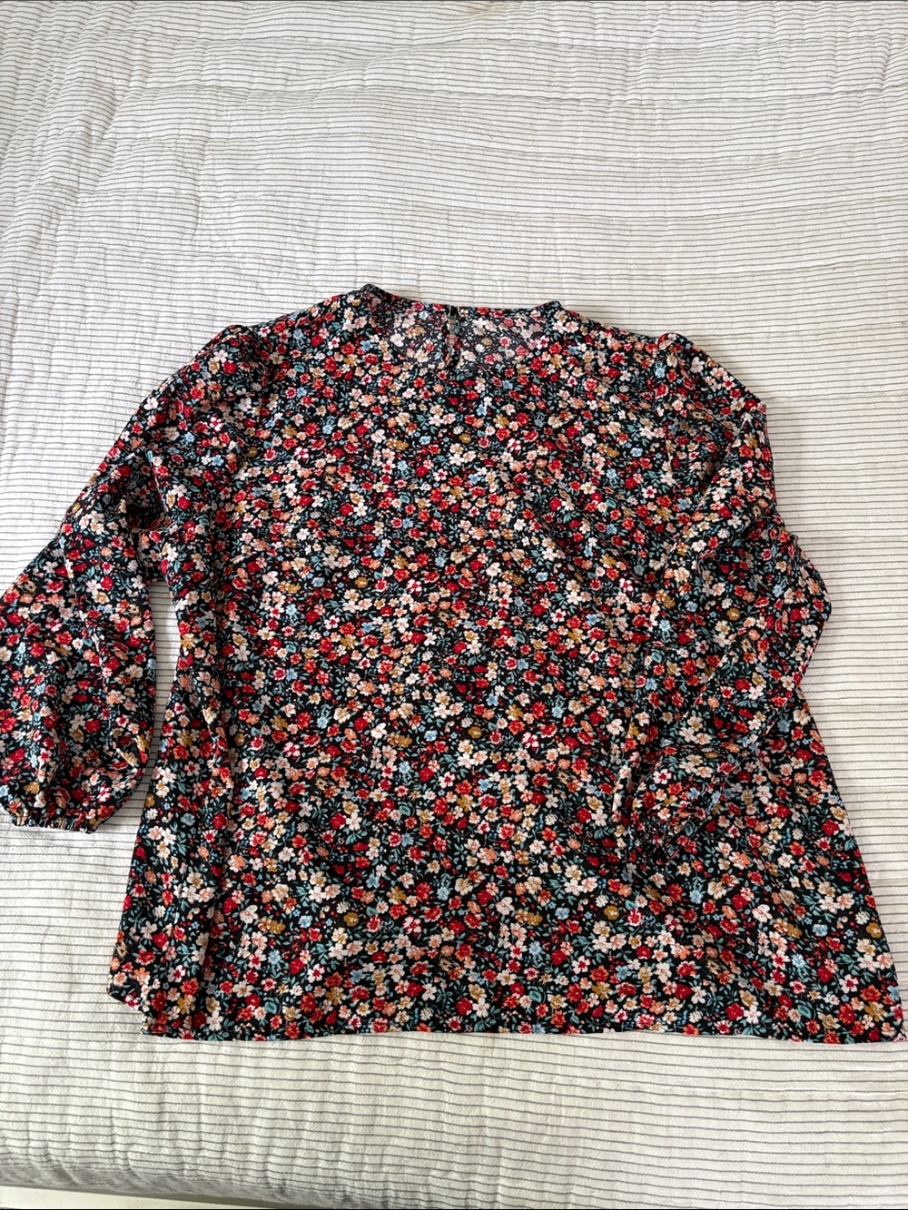 SHEIN Black Floral Blouse with Red, Cream & Green Accents